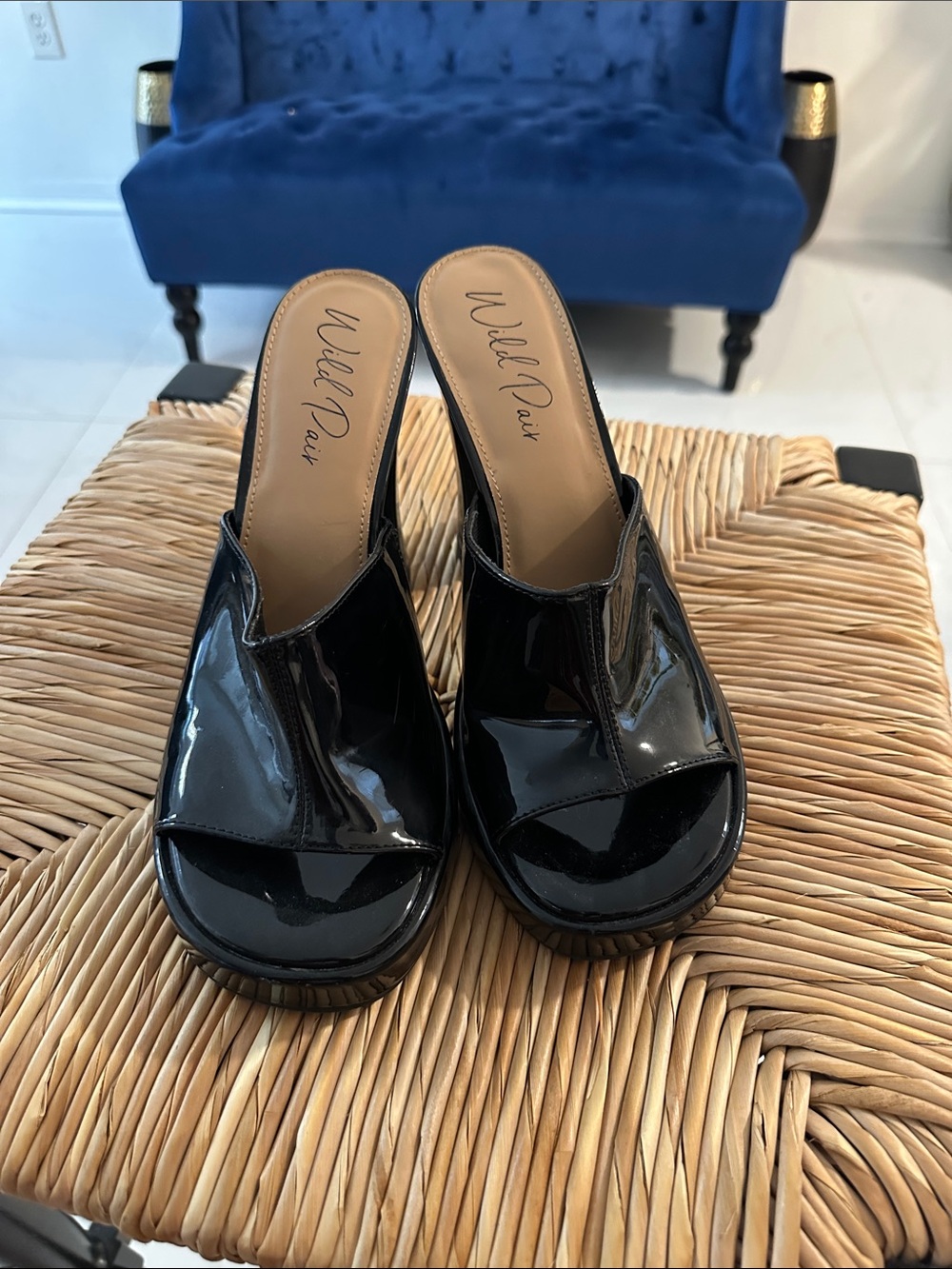 Wild Pair Black Patent Open-Toe Slide Mules